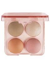 Face palette with four pressed powder shades in a clear pink compact case
