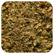 Organic herb and spice seasoning blend, coarse green-brown mix