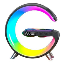 RGB Bluetooth alarm clock with arched light ring and digital display, gray base