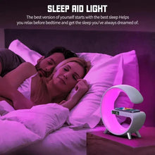 RGB Bluetooth alarm clock on nightstand with pink light glow and digital clock display