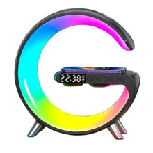 RGB Bluetooth alarm clock with rainbow light ring and digital time display, gray body