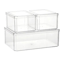 Clear 3-in-1 fridge organizer set: two top bins with lids on one base bin