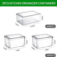 3 clear kitchen organizer containers with hinged lids, labeled size diagram