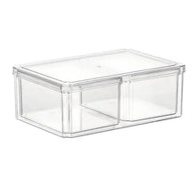 Clear plastic fridge container set with two lidded bins stacked, 3-in-1 style