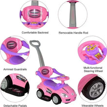 Kids ride-on car with comfortable backrest, removable handle rod, and wearable wheels