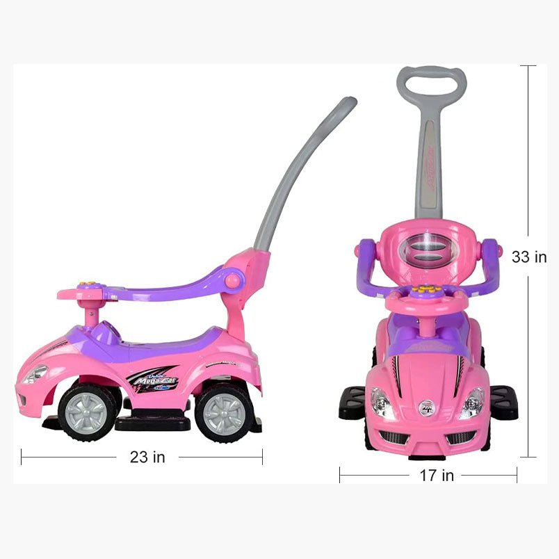 Huitich 3 in 1 ride on car for kids in pink and purple with push handle and steering wheel