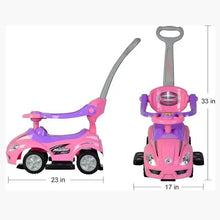 Pink kids ride-on car with purple seat, gray push handle, and front wheels