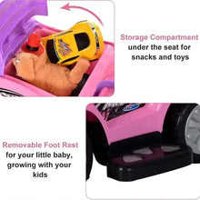 Kids ride-on car with storage under seat and removable footrest, pink and purple