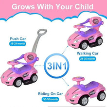 Pink and purple 3-in-1 ride-on car with gray push handle and front control tray