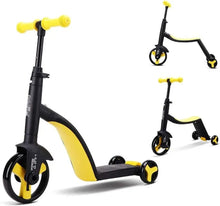 Kids 3-in-1 tricycle balance bike with yellow grips and black frame, three-wheel design