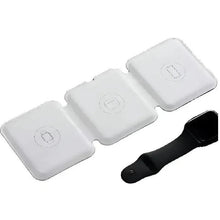3-in-1 wireless charger with three white charging pads and black watch-style band