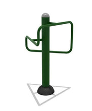 Green leg flexibility trainer with standing post, U handles, and square base plate