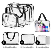 Three clear PVC toiletry pouches with black trim and zip tops, size L/M/S shown