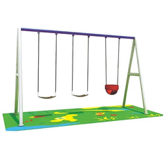 Huitich 3 seat metal swing set with two flat swings and one red bucket swing on colorful play mat