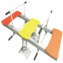 3-seat seesaw springer playground ride, gray frame with yellow and orange seats