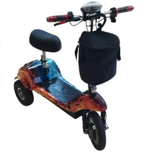3-wheel electric scooter with seat, flame-style dark blue deck and black controls