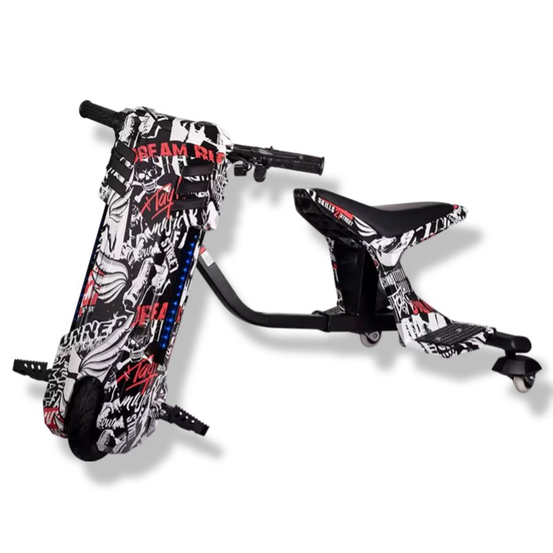 Winner sky 3 wheel drifter scooter with LED lights featuring black white red graphic design and comfortable seat
