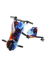 3-wheel electric drifter scooter with blue flame panels, red accents, and LED lights