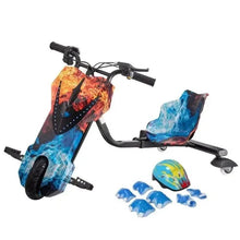 3-wheel electric drifter scooter with blue-red flame graphics and included accessory pieces