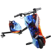 3-wheel electric drifter scooter with blue-red graphic panels and LED lights