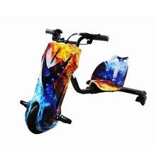 3-wheel electric drifter scooter with blue and red flame graphic and glowing LED lights