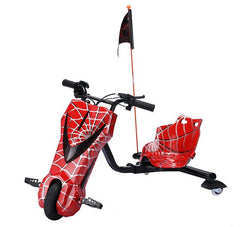 Aster 3 wheel electric drifter scooter in red spider web design with seat and safety flag