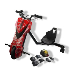 Aster 3 wheel electric drifter scooter with Spider-Man design and safety gear including helmet and pads