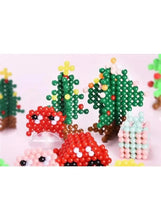 Water bead craft designs including cacti, a red character, and small flowers