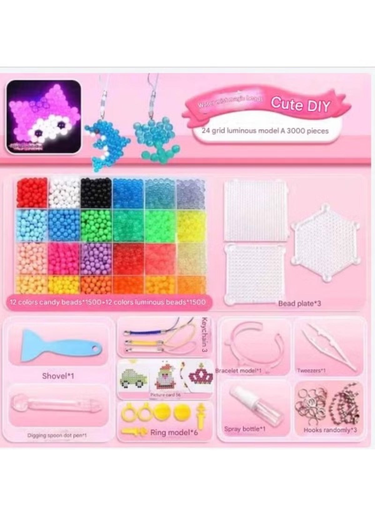 Huitich 3000 piece water beads toys 24-Grid colorful DIY bead set with multiple tools and bead plates