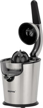 Stainless citrus juicer with black lever, reamer, and stainless drip cup, silver