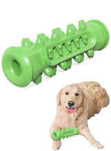 Green toothbrush-style dog chew toy, ridged bristle grips for cleaning teeth