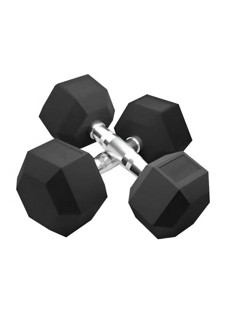 Pair of black rubber hex dumbbells with chrome handles