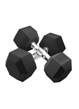 Pair of black rubber hex dumbbells with chrome handles