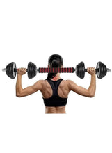Adjustable barbell formed from dumbbells with black plates and red stripe center