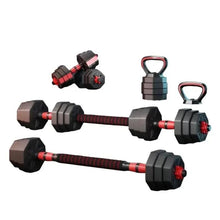 Adjustable barbell and dumbbell set with hex weight plates, red striped bars, and grips
