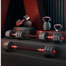 Adjustable barbell with hex weight plates and red striped bar with end collars