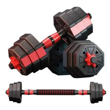 Adjustable dumbbell and barbell weight pieces with black hex plates and red bands