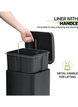 Pedal trash bin with removable liner and top handle for easy emptying