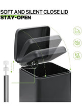 Pedal trash bin with open soft-close lid and stay-open support