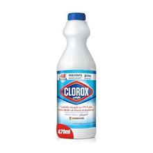 Clorox liquid bleach bottle, 470 ml, blue cap and white bottle with label