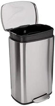 Satin nickel rectangular kitchen bin with open lid and foot pedal.