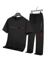 Men'S Casual Sports Two-Piece Set Short Sleeve Top Straight Leg Pants with Paris Print, Fashionable And Trendy, Ideal for Summer, Parties, Casual Outings, And Everyday Wear, Everyday Wear|Short Sleeve Top|Print Trousers