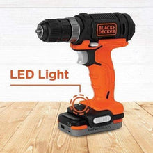 Black+Decker Gopak drill/driver with LED light on orange body and black battery base