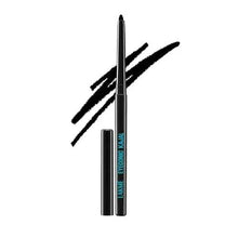 Matte black twist-up kohl liner pencil with sharpened tip and dark line swatch