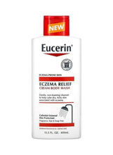Eucerin Eczema Relief body wash bottle with red cap, front label