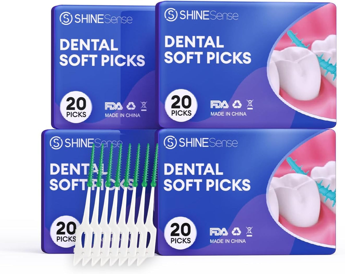 SHINEsense dental soft picks pack in blue cardboard box, 80-count