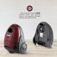 Vacuum cleaner pair: red and black canister units with wheels and dust compartment
