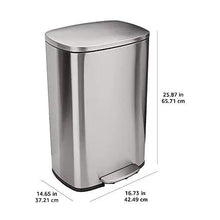 Satin nickel stainless steel kitchen bin with foot pedal, closed lid, rectangular shape.