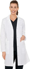 Women's white medical coat, button-front, long sleeves, patch pockets, V-neck black top