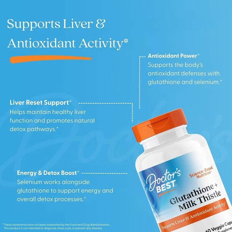 Glutathione + Milk Thistle supplement bottle with orange cap and liver support text